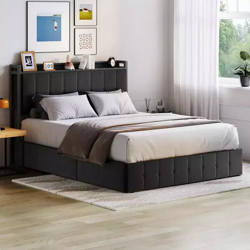 Cadre de lit avec rangement relevable, tête de lit tapissée en velours