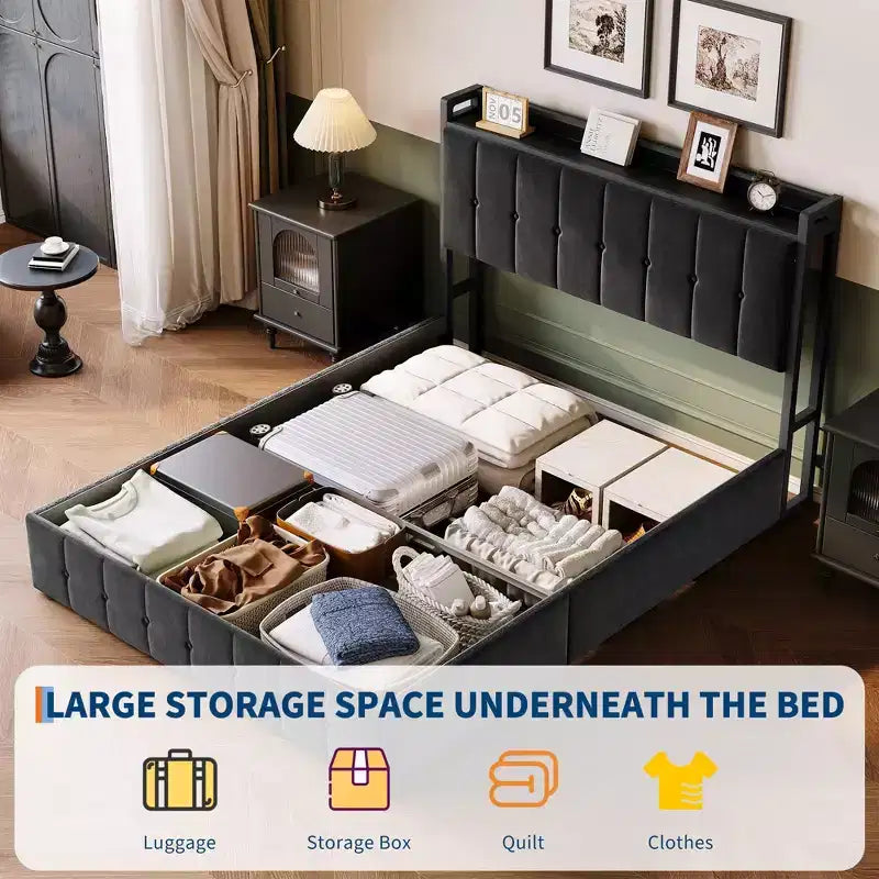 Cadre de lit avec rangement relevable, tête de lit tapissée en velours
