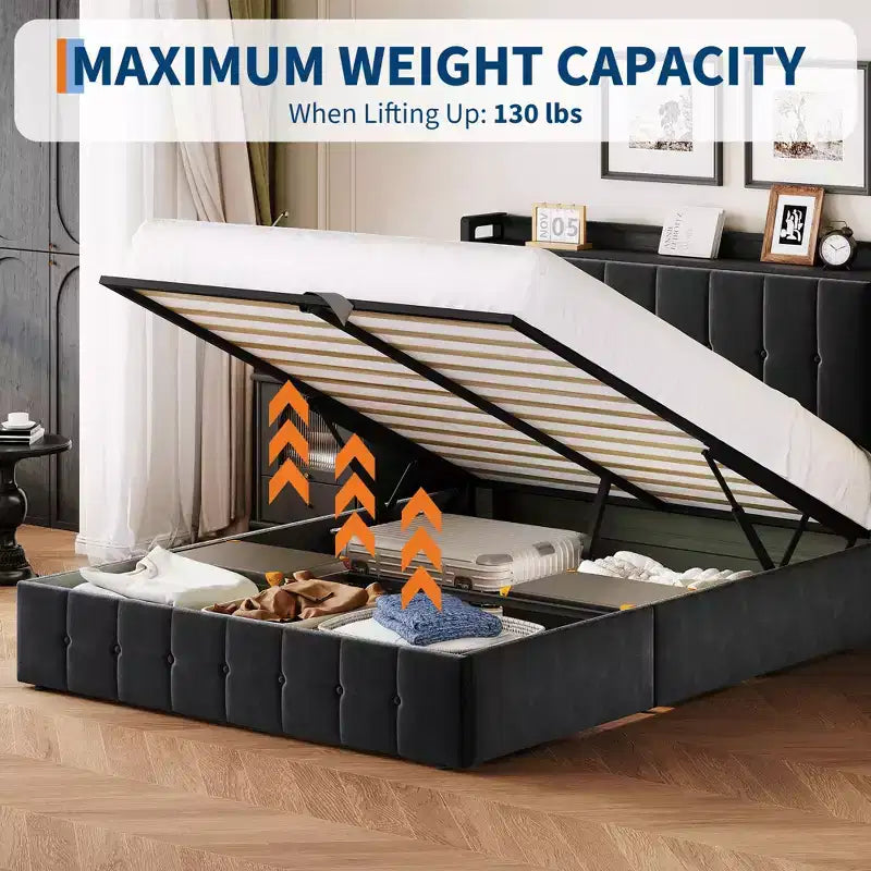 Cadre de lit avec rangement relevable, tête de lit tapissée en velours