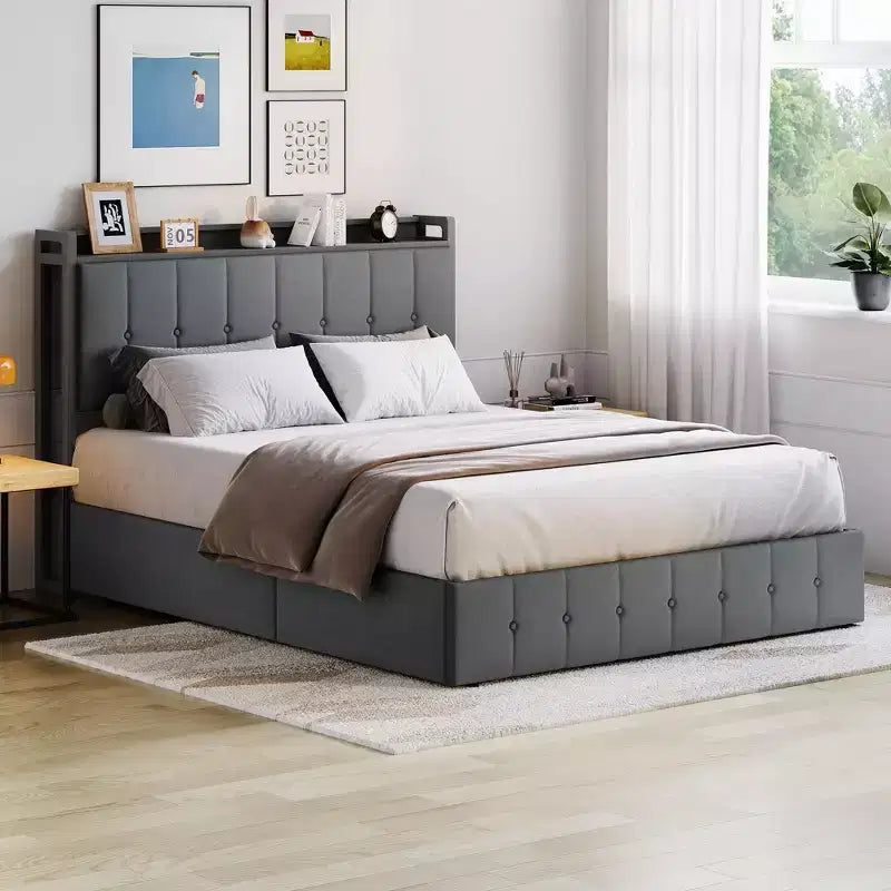 Cadre de lit avec rangement relevable, tête de lit tapissée en velours