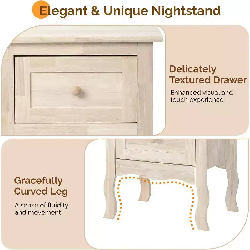 Table de chevet en bois massif non finie pour le bricolage de la couleur, petite table de chevet en bois naturel pour la chambre à coucher avec tiroirs, véritable table de chevet en bois