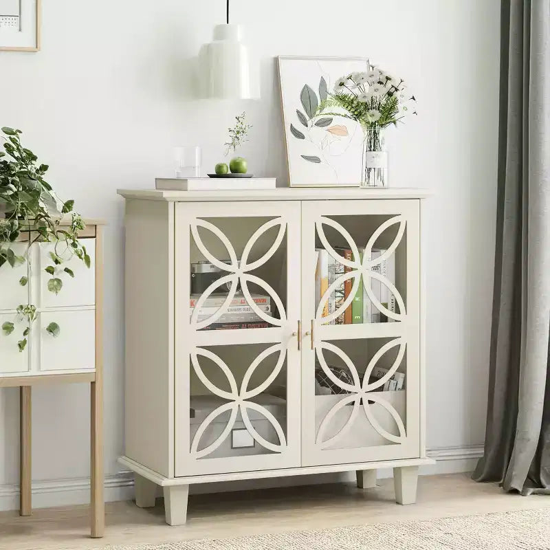 Meuble de Rangement Buffet avec Portes en Verre Trempé, Console de Cuisine Rétro Moderne pour Salon Cuisine, Couleur Crème