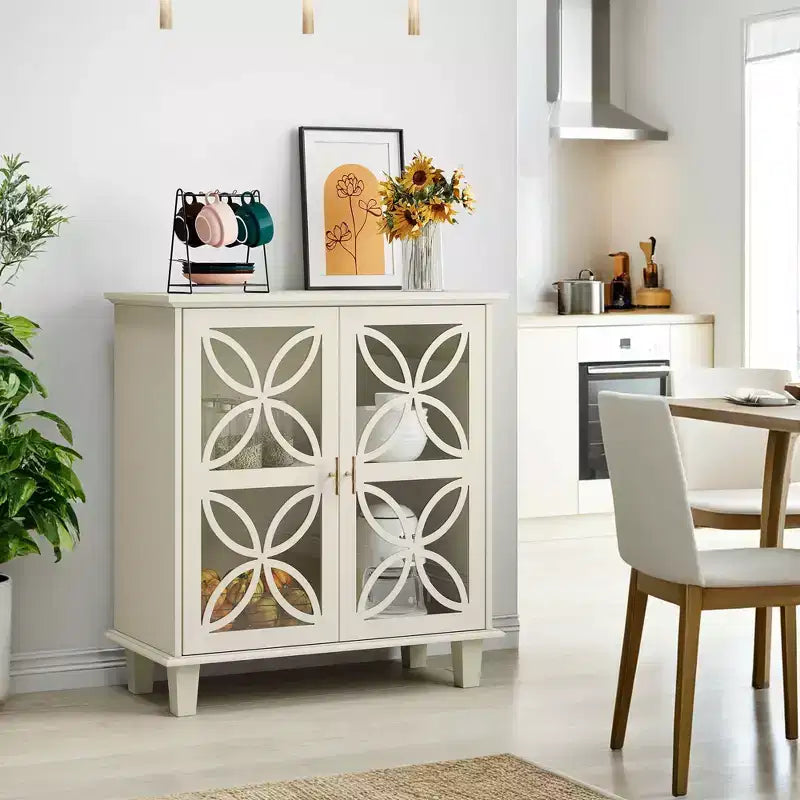 Meuble de Rangement Buffet avec Portes en Verre Trempé, Console de Cuisine Rétro Moderne pour Salon Cuisine, Couleur Crème