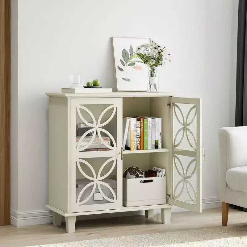 Meuble de Rangement Buffet avec Portes en Verre Trempé, Console de Cuisine Rétro Moderne pour Salon Cuisine, Couleur Crème