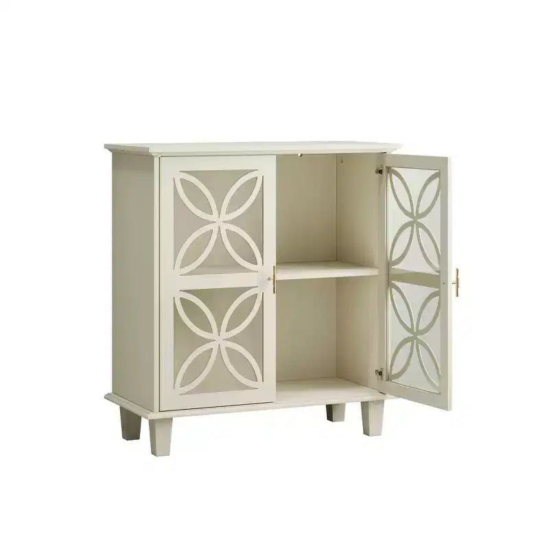 Meuble de Rangement Buffet avec Portes en Verre Trempé, Console de Cuisine Rétro Moderne pour Salon Cuisine, Couleur Crème