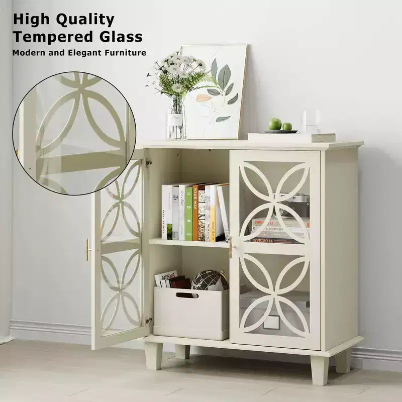 Meuble de Rangement Buffet avec Portes en Verre Trempé, Console de Cuisine Rétro Moderne pour Salon Cuisine, Couleur Crème