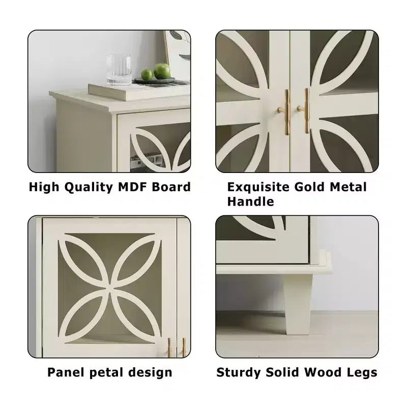 Meuble de Rangement Buffet avec Portes en Verre Trempé, Console de Cuisine Rétro Moderne pour Salon Cuisine, Couleur Crème