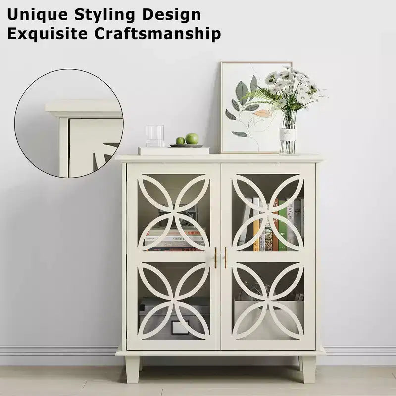 Meuble de Rangement Buffet avec Portes en Verre Trempé, Console de Cuisine Rétro Moderne pour Salon Cuisine, Couleur Crème