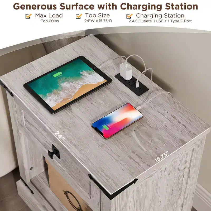 Table d'appoint de ferme avec station de recharge en bois rustique
