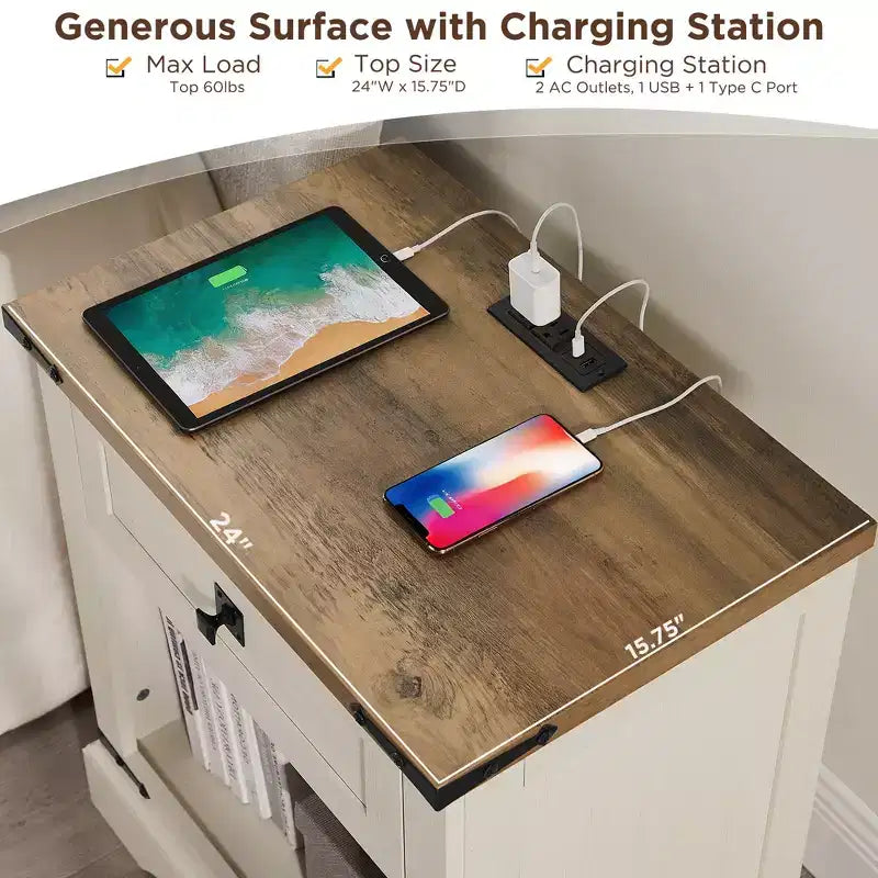 Table d'appoint de ferme avec station de recharge en bois rustique