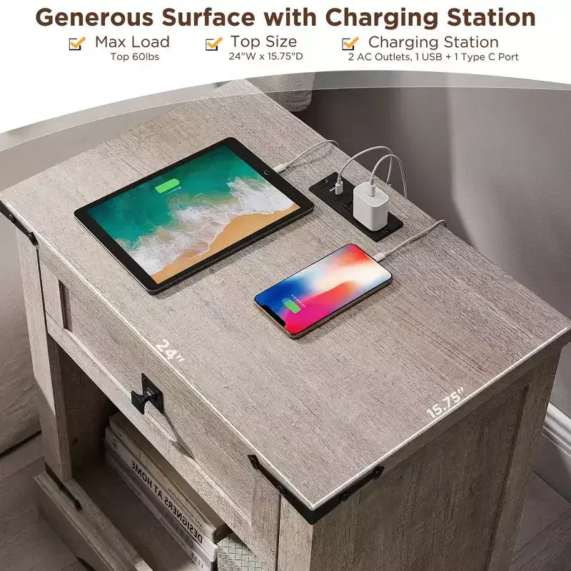 Table d'appoint de ferme avec station de recharge en bois rustique