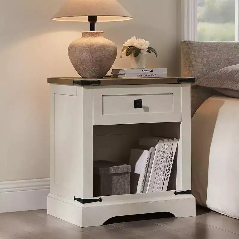 24 Farmhouse End Table with Charging Station 1 Drawer Open Cabinet Rustic Wood Living Room Side Table