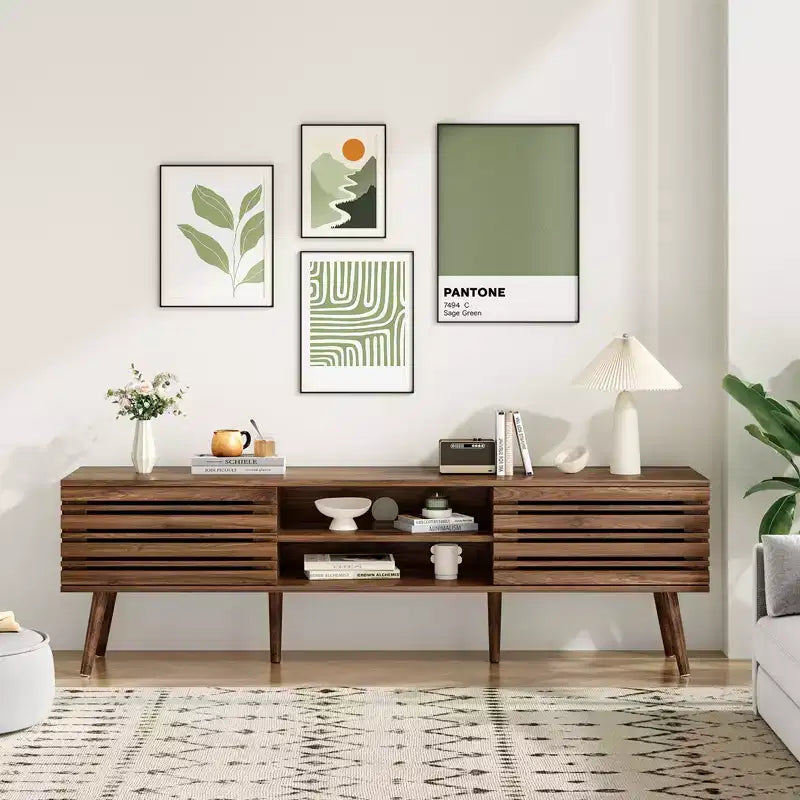 Meuble TV moderne d'inspiration médiévale, adapté aux téléviseurs de moins de 70 pouces, avec compartiments de rangement. Meuble TV en bois, pour le salon.