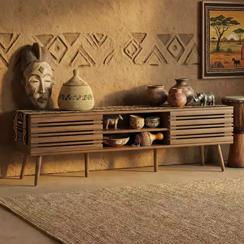 Meuble TV moderne d'inspiration médiévale, adapté aux téléviseurs de moins de 70 pouces, avec compartiments de rangement. Meuble TV en bois, pour le salon.