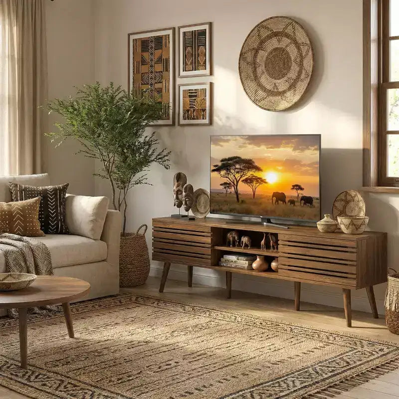 Meuble TV moderne d'inspiration médiévale, adapté aux téléviseurs de moins de 70 pouces, avec compartiments de rangement. Meuble TV en bois, pour le salon.