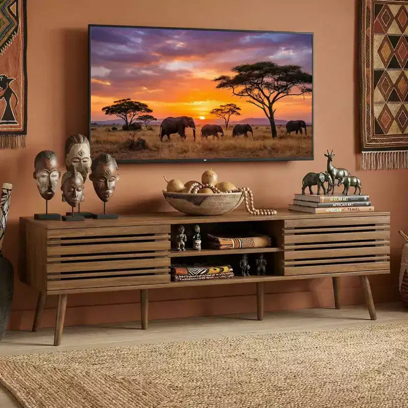 Meuble TV moderne d'inspiration médiévale, adapté aux téléviseurs de moins de 70 pouces, avec compartiments de rangement. Meuble TV en bois, pour le salon.