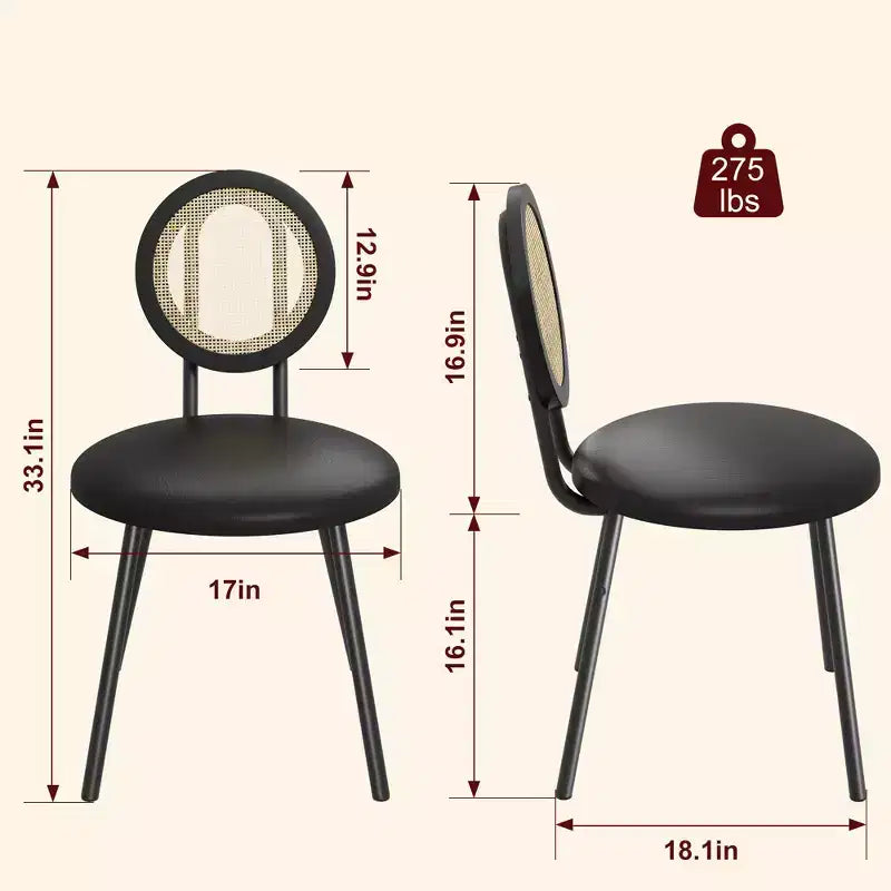 Chaises de salle à manger modernes rembourrées avec dossier en rotin naturel et pieds en métal