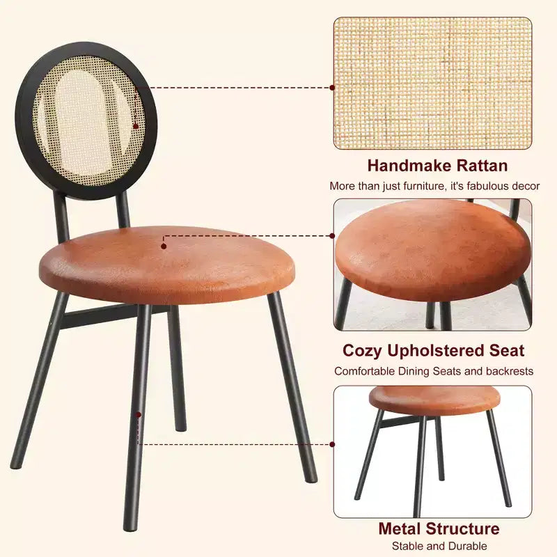 Chaises de salle à manger modernes rembourrées avec dossier en rotin naturel et pieds en métal