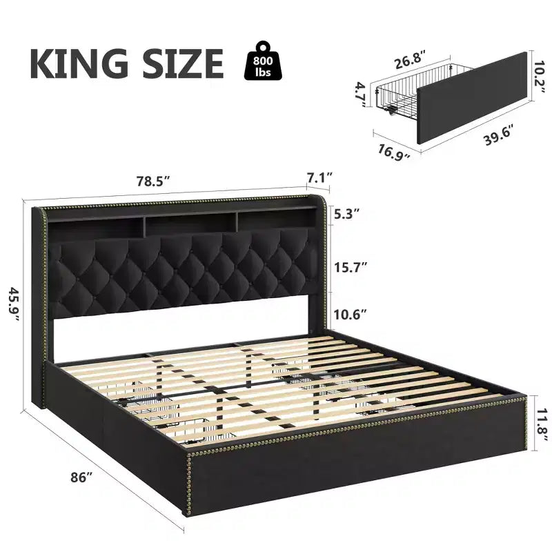 Cadre de lit avec 4 tiroirs, plateforme King tapissée avec tête de lit
