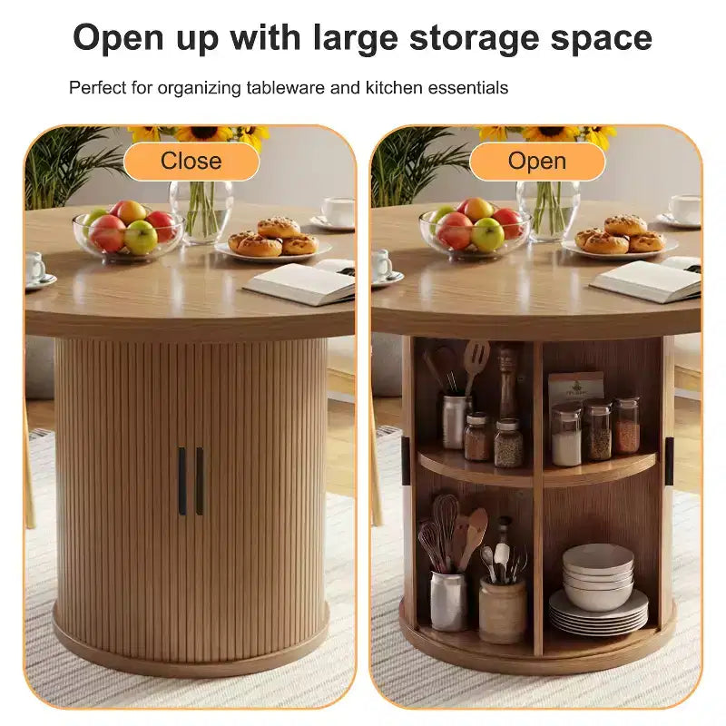 Table à manger ronde pour 4 personnes, table de cuisine moderne de 90 cm avec rangement caché et design en bois cannelé, table à manger à texture bois pour petits espaces.