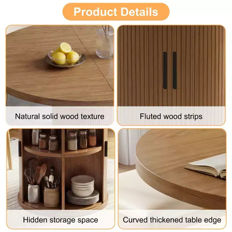 Table à manger ronde pour 4 personnes, table de cuisine moderne de 90 cm avec rangement caché et design en bois cannelé, table à manger à texture bois pour petits espaces.
