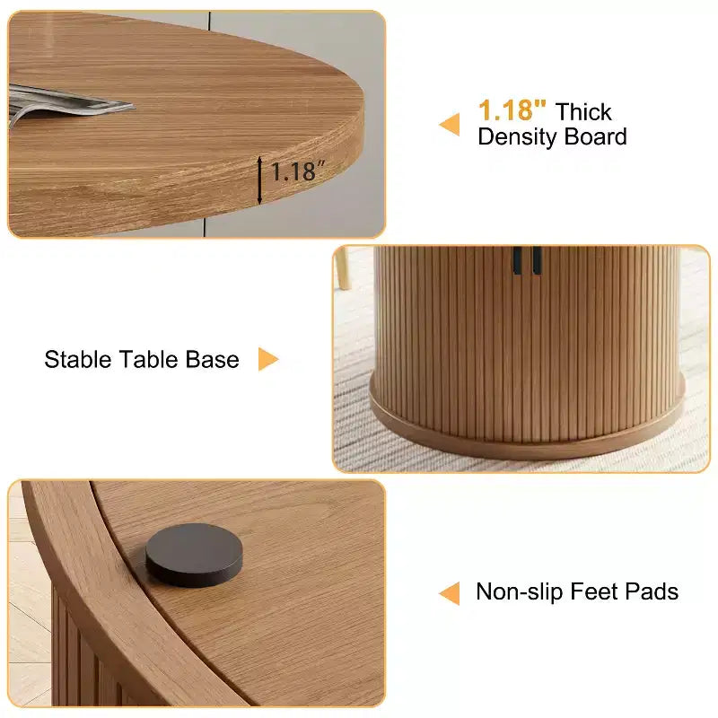 Table à manger ronde pour 4 personnes, table de cuisine moderne de 90 cm avec rangement caché et design en bois cannelé, table à manger à texture bois pour petits espaces.