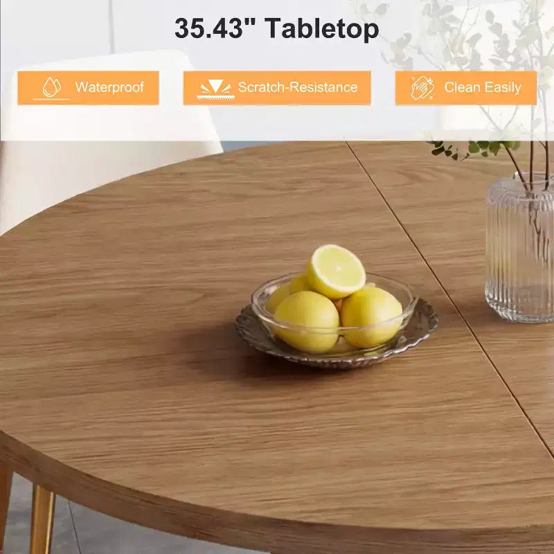 Table à manger ronde pour 4 personnes, table de cuisine moderne de 90 cm avec rangement caché et design en bois cannelé, table à manger à texture bois pour petits espaces.