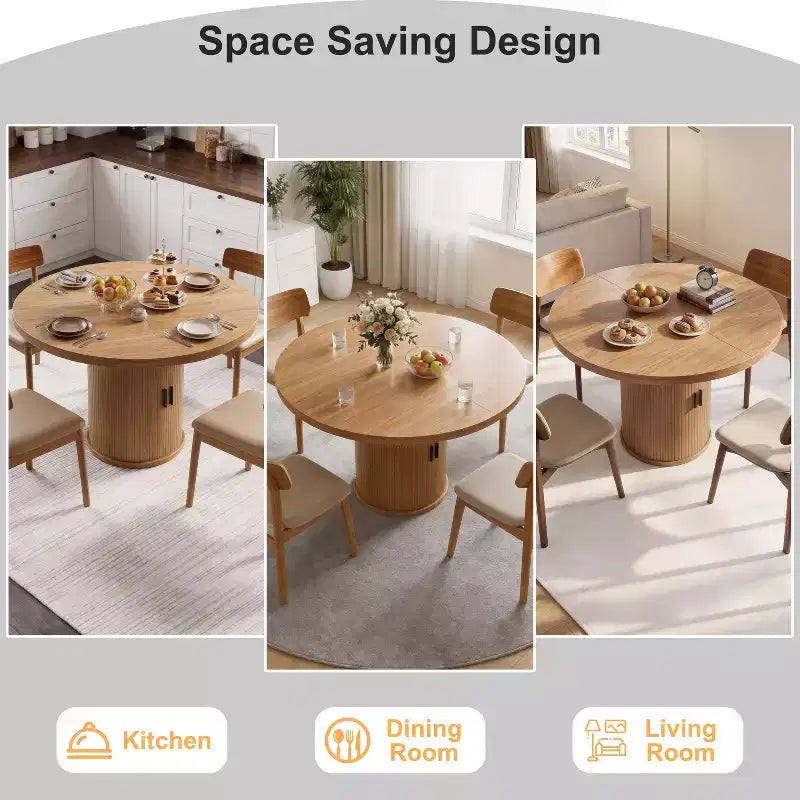 Table à manger ronde pour 4 personnes, table de cuisine moderne de 90 cm avec rangement caché et design en bois cannelé, table à manger à texture bois pour petits espaces.
