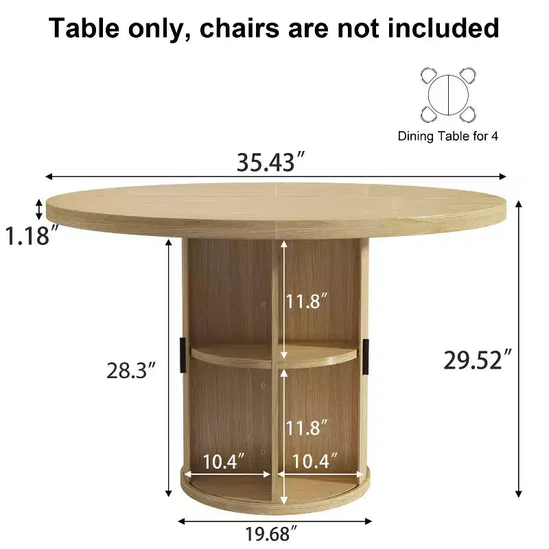 Table à manger ronde pour 4 personnes, table de cuisine moderne de 90 cm avec rangement caché et design en bois cannelé, table à manger à texture bois pour petits espaces.