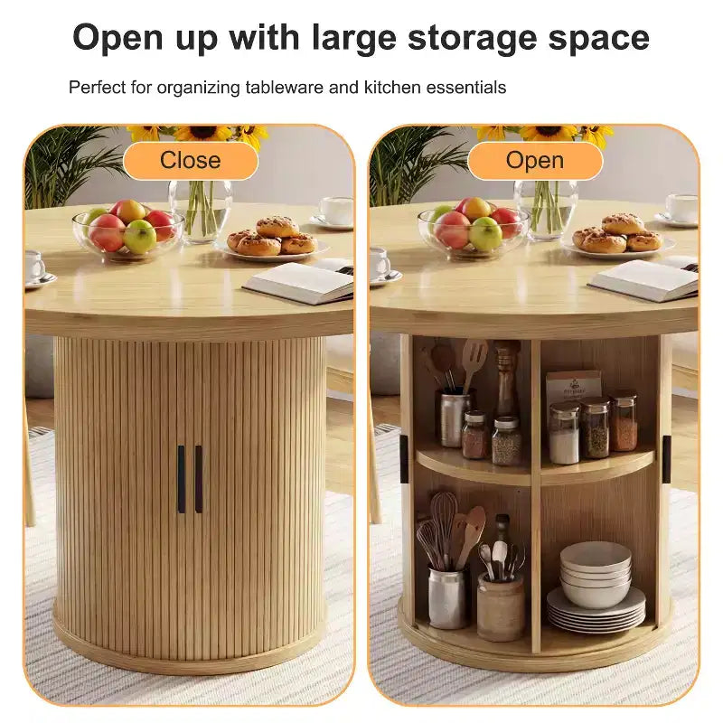Table à manger ronde pour 4 personnes, table de cuisine moderne de 90 cm avec rangement caché et design en bois cannelé, table à manger à texture bois pour petits espaces.