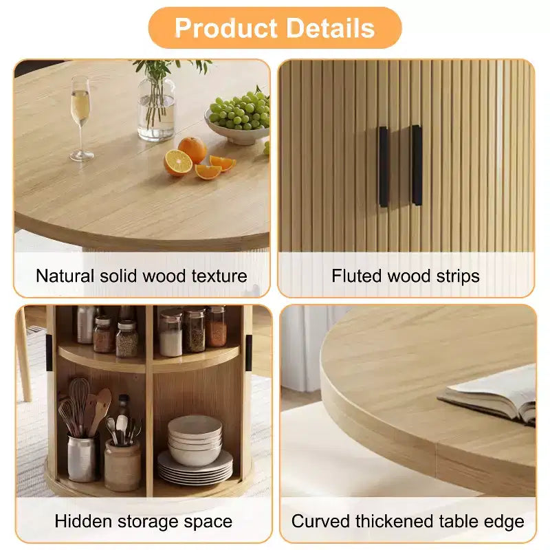 Table à manger ronde pour 4 personnes, table de cuisine moderne de 90 cm avec rangement caché et design en bois cannelé, table à manger à texture bois pour petits espaces.