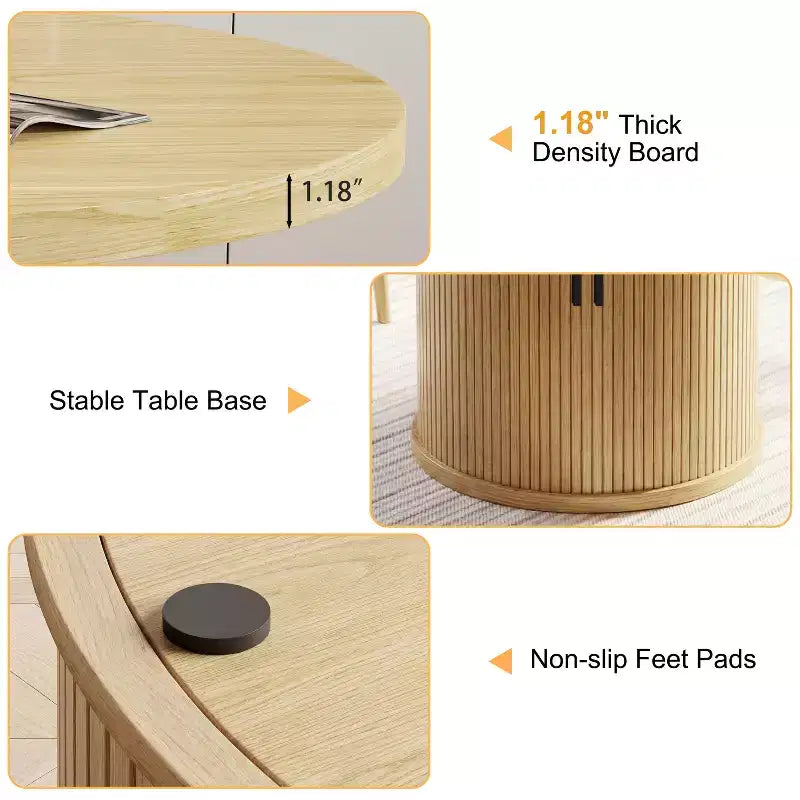 Table à manger ronde pour 4 personnes, table de cuisine moderne de 90 cm avec rangement caché et design en bois cannelé, table à manger à texture bois pour petits espaces.