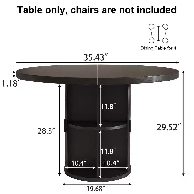 Table à manger ronde pour 4 personnes, table de cuisine moderne de 90 cm avec rangement caché et design en bois cannelé, table à manger à texture bois pour petits espaces.