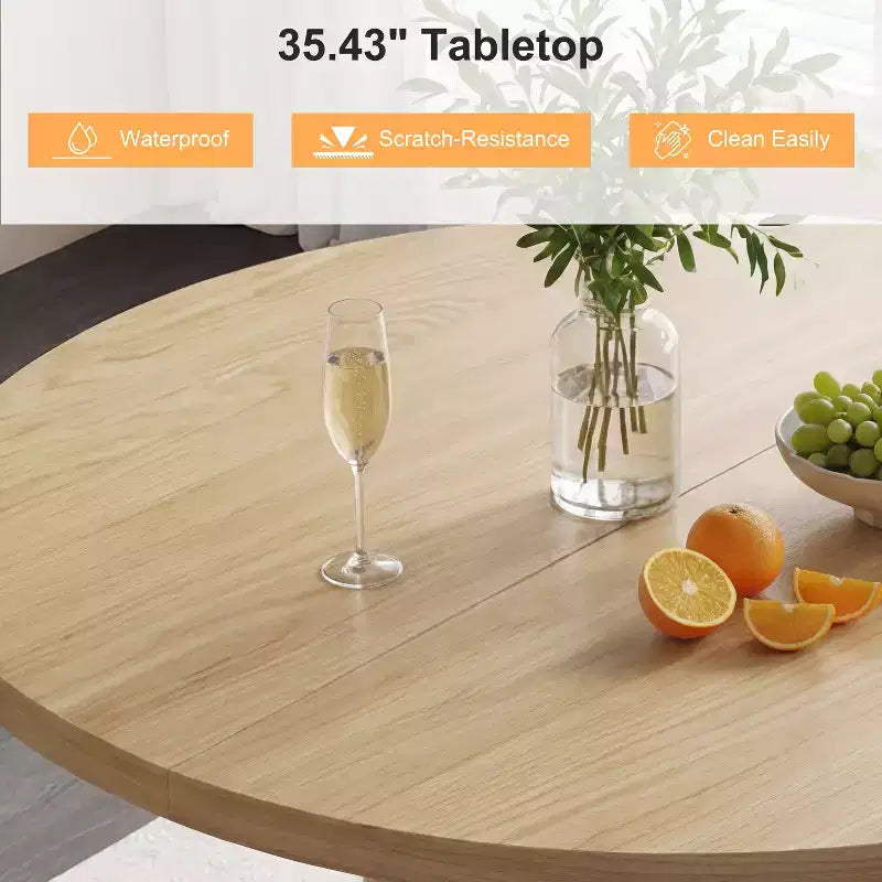 Table à manger ronde pour 4 personnes, table de cuisine moderne de 90 cm avec rangement caché et design en bois cannelé, table à manger à texture bois pour petits espaces.