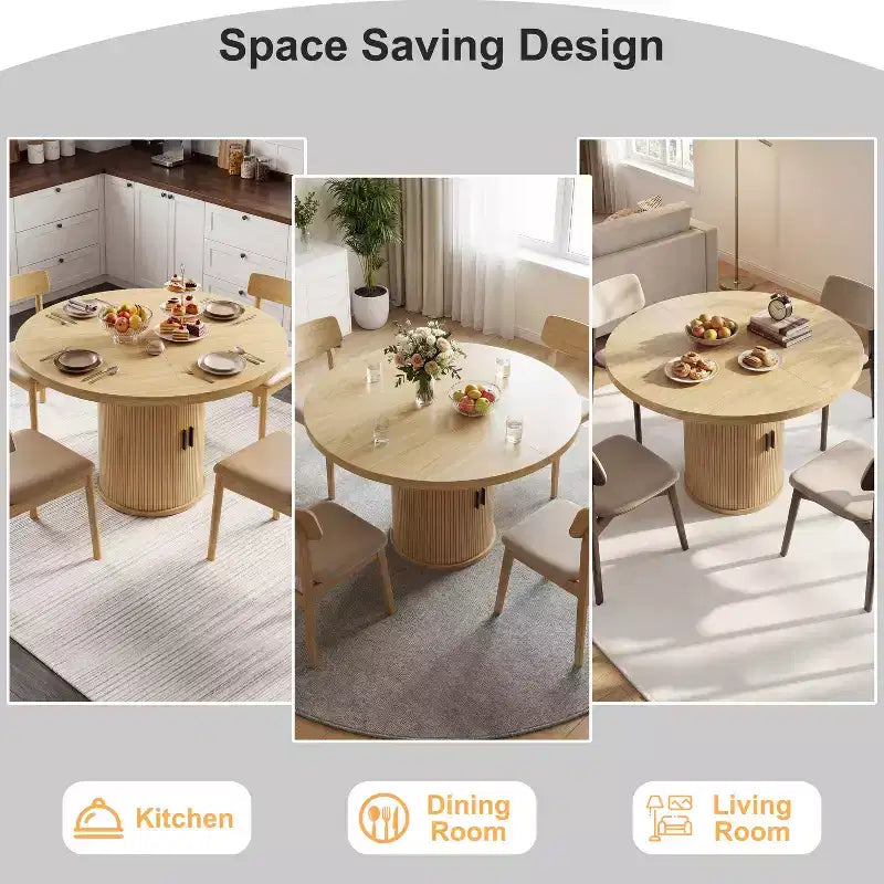 Table à manger ronde pour 4 personnes, table de cuisine moderne de 90 cm avec rangement caché et design en bois cannelé, table à manger à texture bois pour petits espaces.