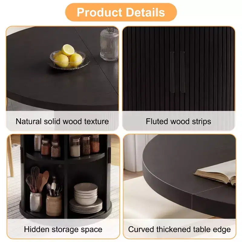 Table à manger ronde pour 4 personnes, table de cuisine moderne de 90 cm avec rangement caché et design en bois cannelé, table à manger à texture bois pour petits espaces.