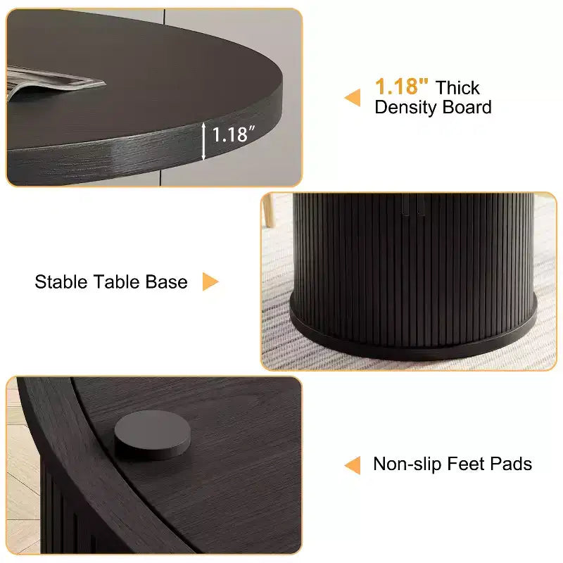Table à manger ronde pour 4 personnes, table de cuisine moderne de 90 cm avec rangement caché et design en bois cannelé, table à manger à texture bois pour petits espaces.