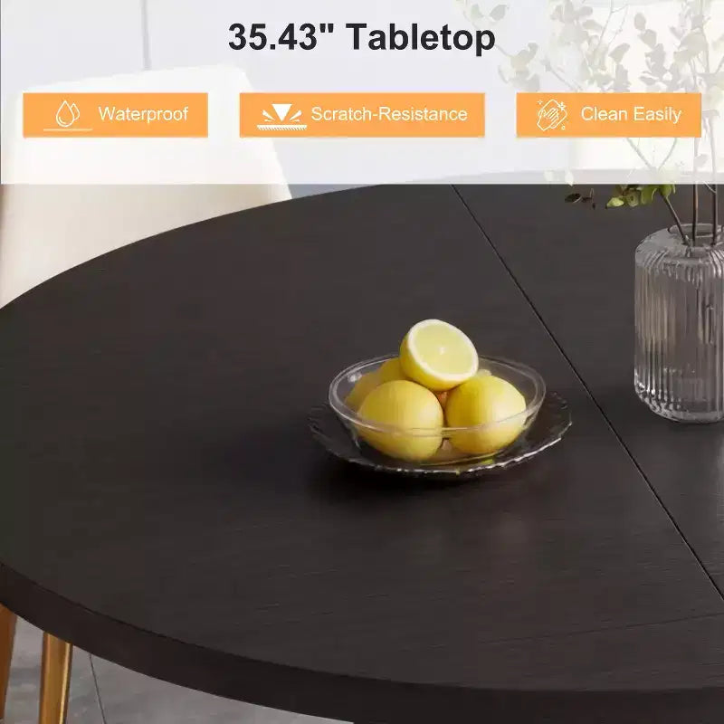 Table à manger ronde pour 4 personnes, table de cuisine moderne de 90 cm avec rangement caché et design en bois cannelé, table à manger à texture bois pour petits espaces.