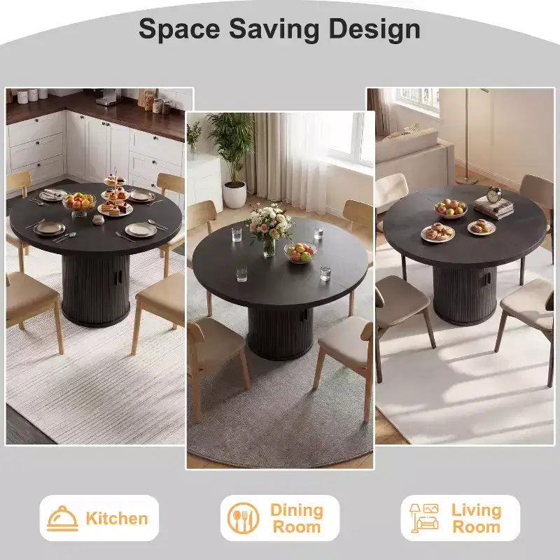 Table à manger ronde pour 4 personnes, table de cuisine moderne de 90 cm avec rangement caché et design en bois cannelé, table à manger à texture bois pour petits espaces.