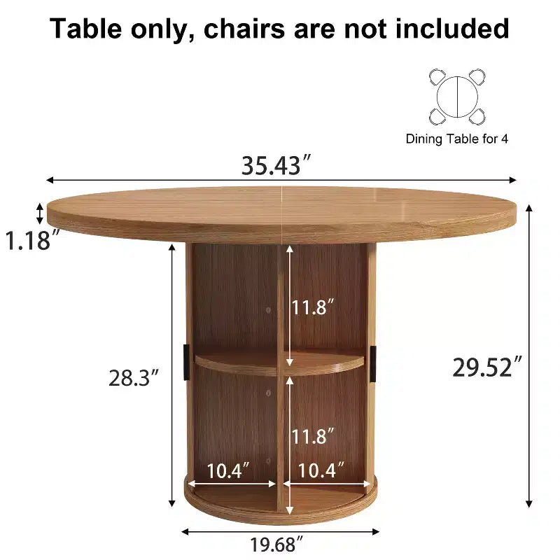 Table à manger ronde pour 4 personnes, table de cuisine moderne de 90 cm avec rangement caché et design en bois cannelé, table à manger à texture bois pour petits espaces.
