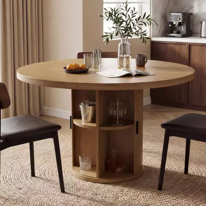 Table à manger ronde pour 4 personnes, table de cuisine moderne de 90 cm avec rangement caché et design en bois cannelé, table à manger à texture bois pour petits espaces.