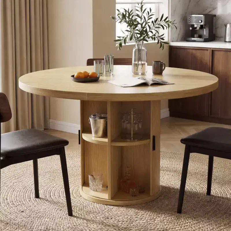 Table à manger ronde pour 4 personnes, table de cuisine moderne de 90 cm avec rangement caché et design en bois cannelé, table à manger à texture bois pour petits espaces.