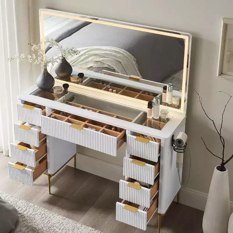 Coiffeuse de luxe 48" avec miroir lumineux LED HD et 9 tiroirs