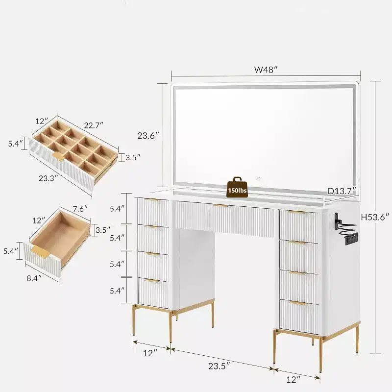 Coiffeuse de luxe 48" avec miroir lumineux LED HD et 9 tiroirs