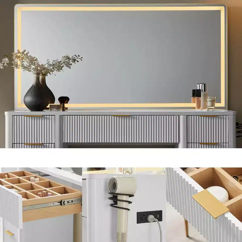 Coiffeuse de luxe 48" avec miroir lumineux LED HD et 9 tiroirs