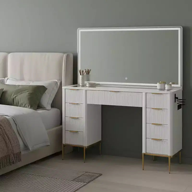 Coiffeuse de luxe 48" avec miroir lumineux LED HD et 9 tiroirs