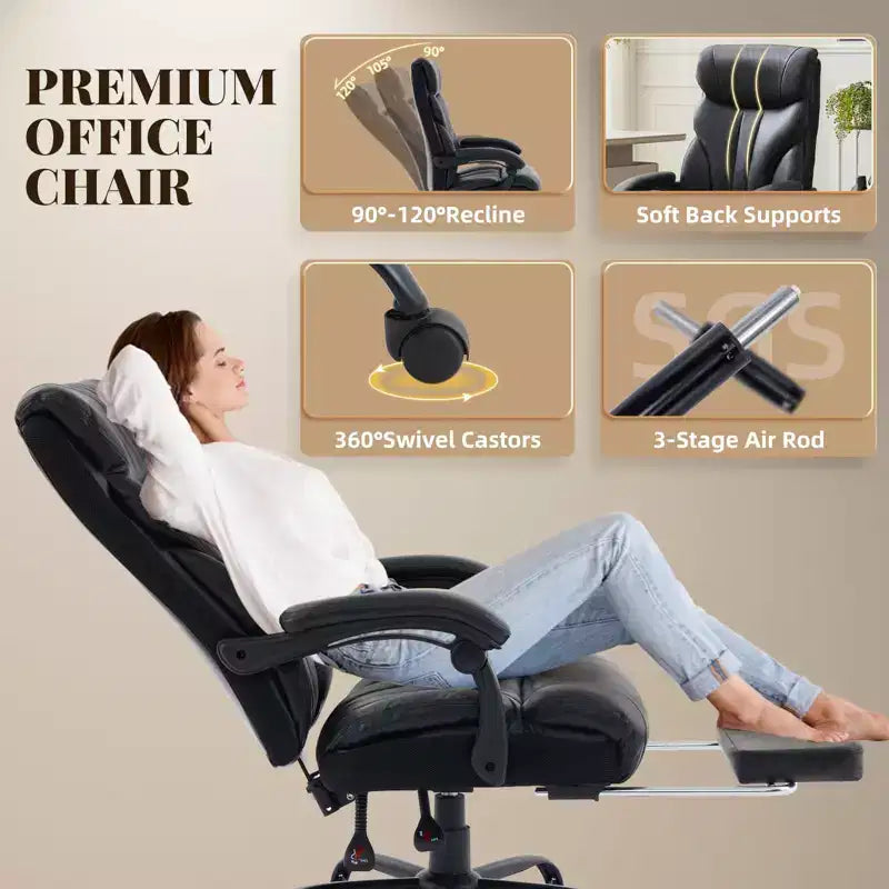 Chaise de bureau, fauteuil de direction ergonomique en cuir avec repose-pieds, grande taille, 227 kg