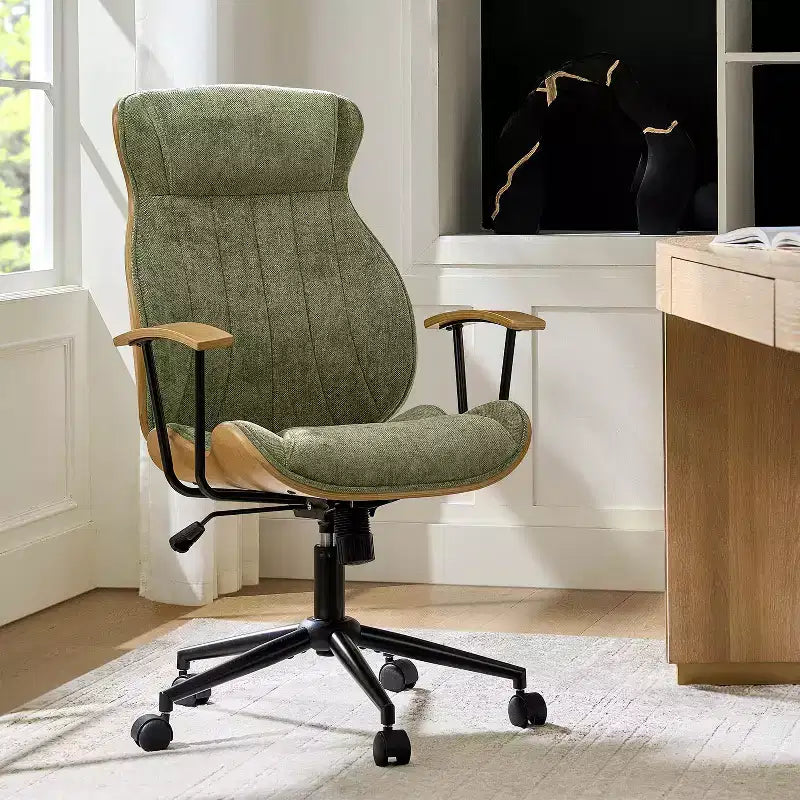 Fauteuil de bureau pivotant haut de dossier incurvé en bois courbé Mid-Century Modern