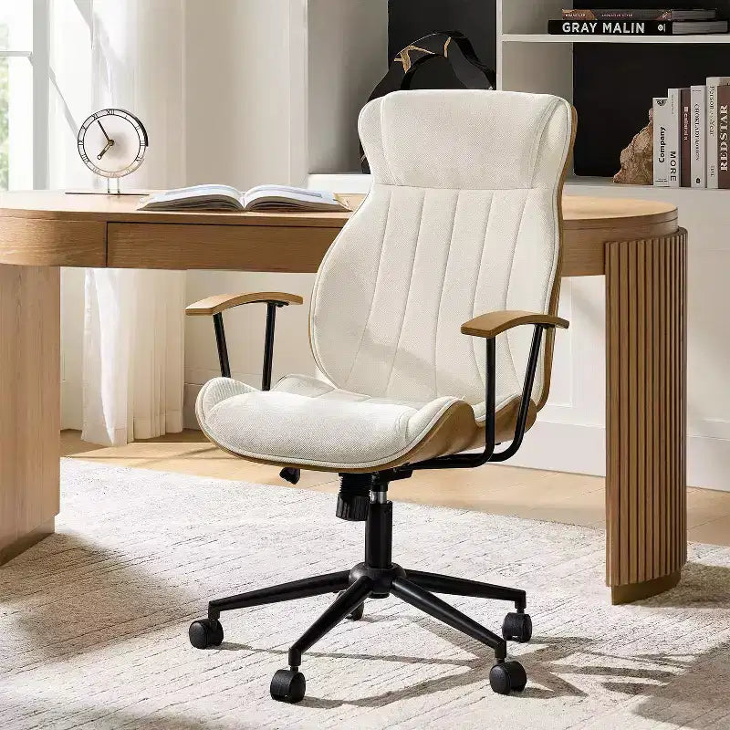 Fauteuil de bureau pivotant haut de dossier incurvé en bois courbé Mid-Century Modern