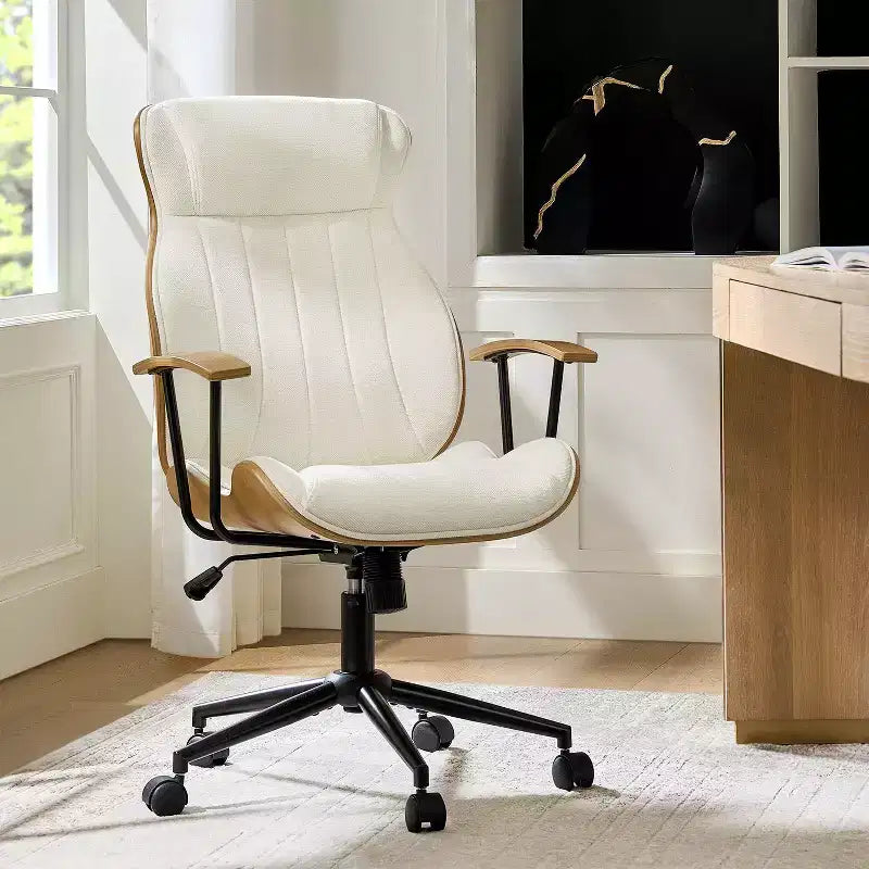Fauteuil de bureau pivotant haut de dossier incurvé en bois courbé Mid-Century Modern